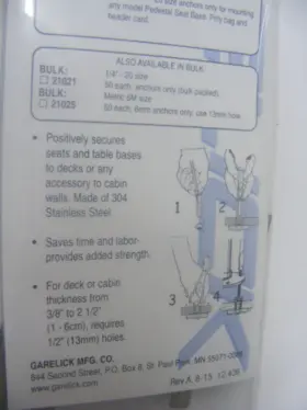 3302 GARELICK Pack Anchor Base Toggler Sstell Bolt Pedestal #3